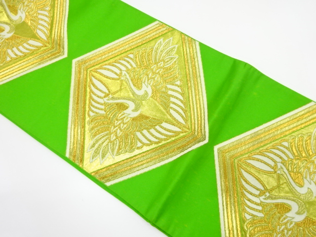 JAPANESE KIMONO / ANTIQUE FUKURO OBI / SILK / WOVEN RHOMBUS & CRANE